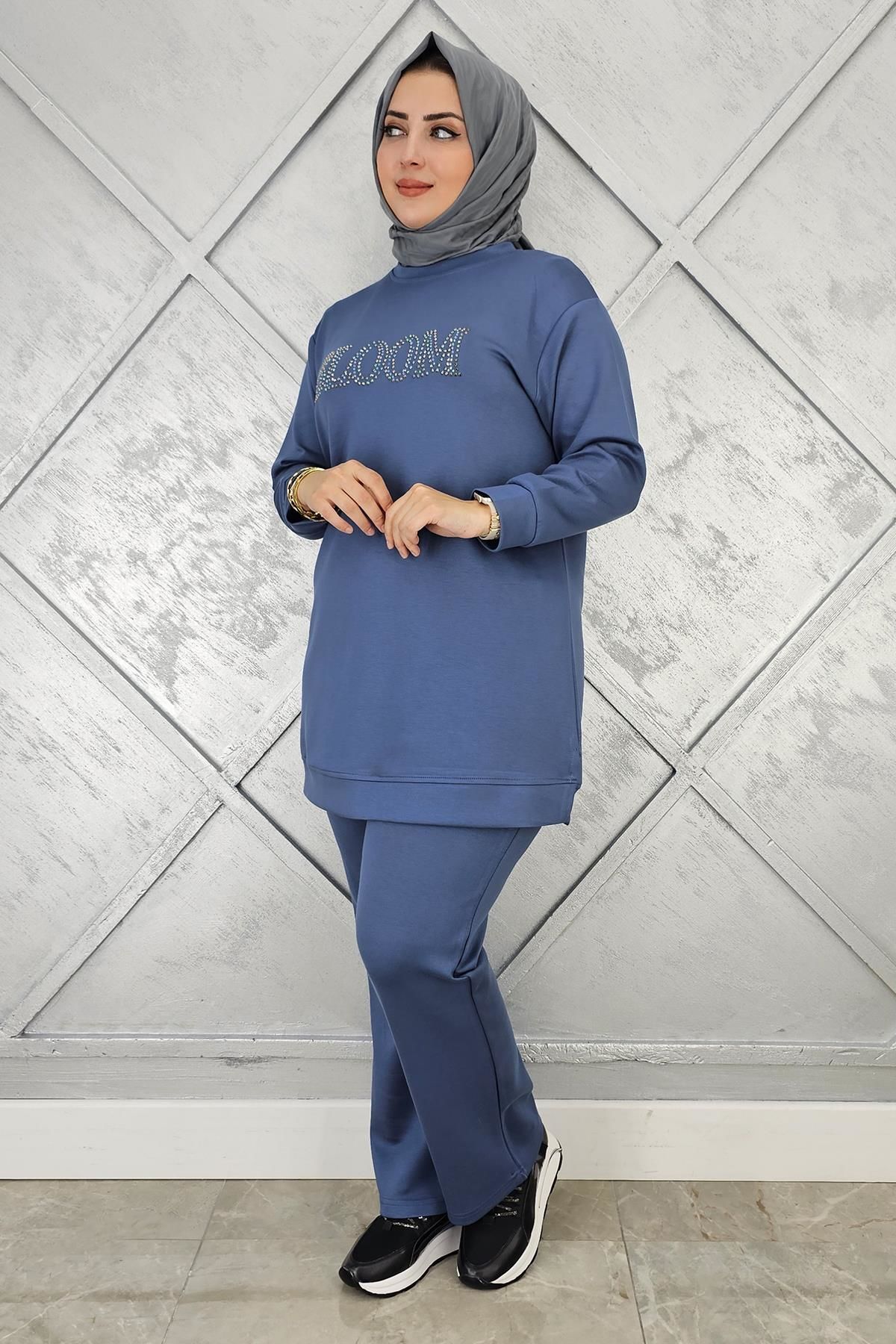 KADIN TAŞ BASKI DETAYLI TESETTÜR TAKIM MAVİ - L