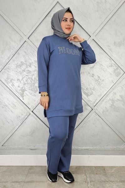 KADIN TAŞ BASKI DETAYLI TESETTÜR TAKIM MAVİ - L