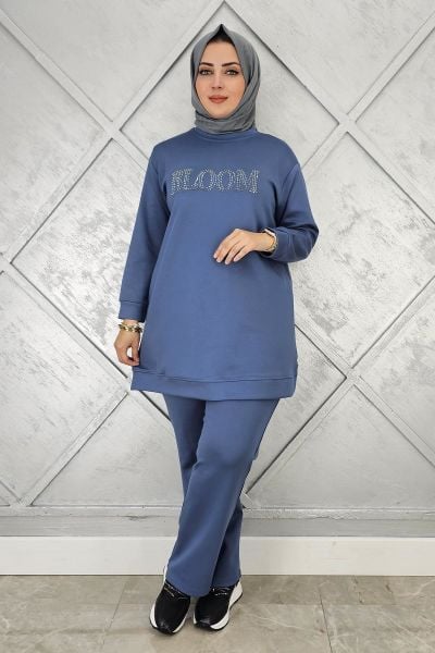 KADIN TAŞ BASKI DETAYLI TESETTÜR TAKIM MAVİ - L