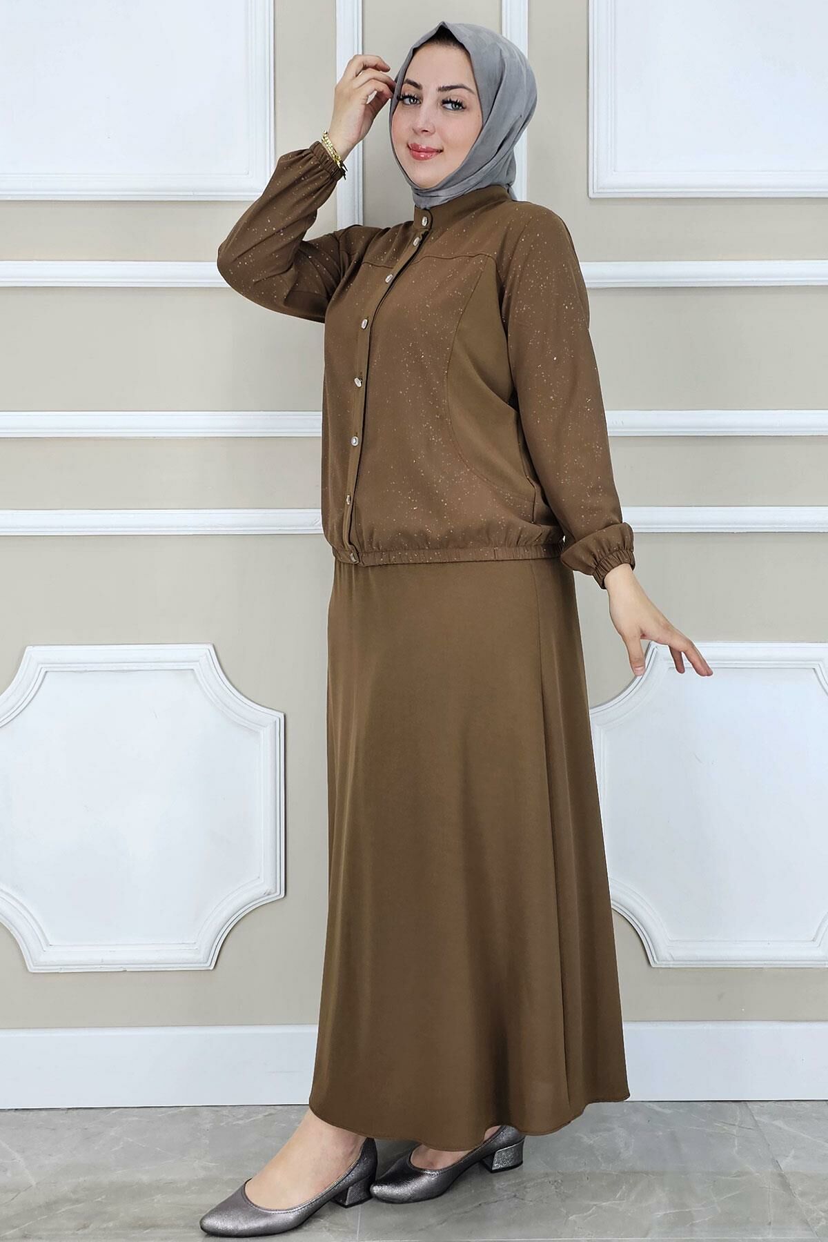 PYS KADIN YAY DESENLİ TESETTÜR TAKIM KAHVERENGİ - 3 BEDEN