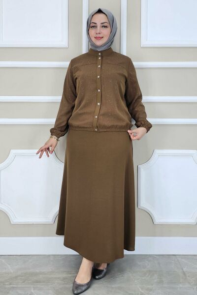 PYS KADIN YAY DESENLİ TESETTÜR TAKIM KAHVERENGİ - 3 BEDEN