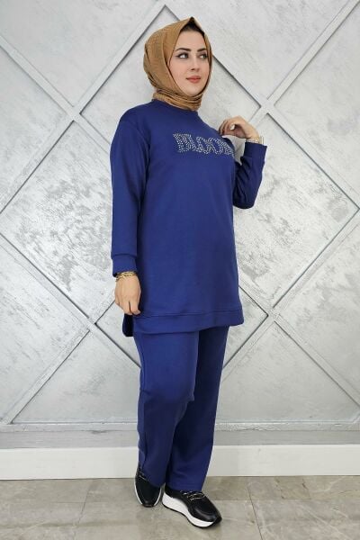 KADIN TAŞ BASKI DETAYLI TESETTÜR TAKIM İNDİGO - XL