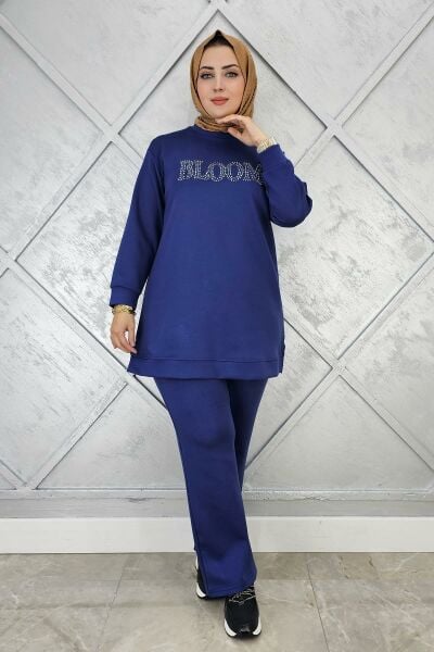 KADIN TAŞ BASKI DETAYLI TESETTÜR TAKIM İNDİGO - XL