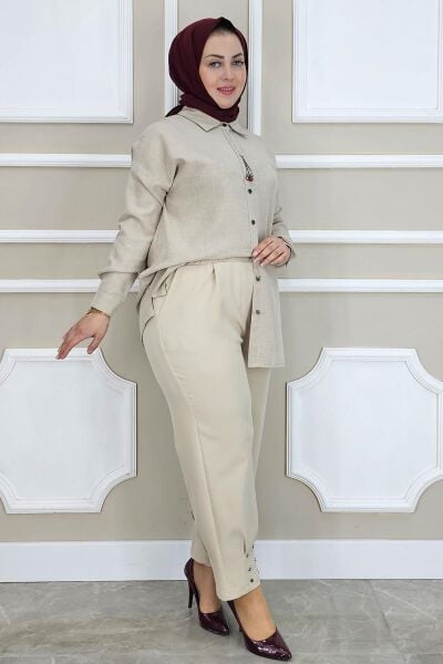 BAYAN RİVETLİ CEPLİ HAVUÇ PANTOLON TAŞ - 42