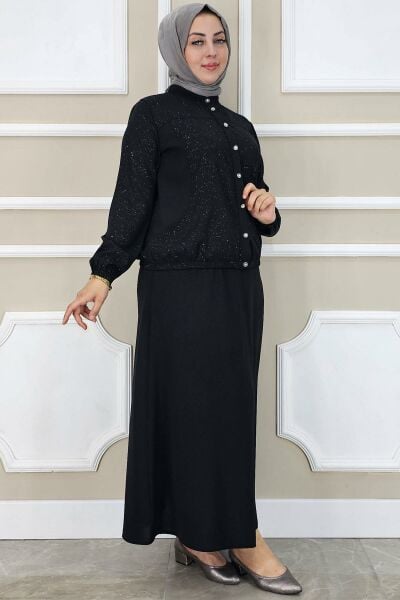 KADIN YAY DESENLİ TESETTÜR TAKIM SİYAH - 5 BEDEN