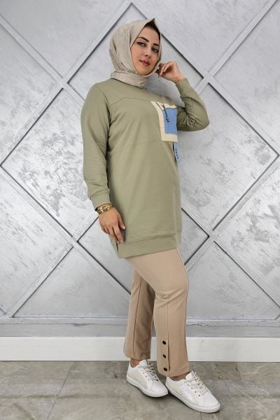 KADIN KOMBİNLİ SALLANTI AKSESUAR DETAYLI TESETTÜR TUNİK MİNT YEŞİLİ - 5 BEDEN