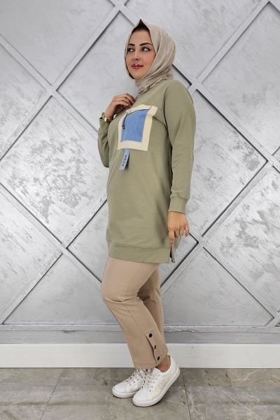 KADIN KOMBİNLİ SALLANTI AKSESUAR DETAYLI TESETTÜR TUNİK MİNT YEŞİLİ - 5 BEDEN