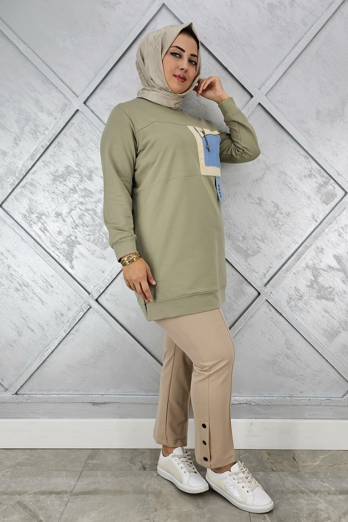 KADIN KOMBİNLİ SALLANTI AKSESUAR DETAYLI TESETTÜR TUNİK MİNT YEŞİLİ - 2 BEDEN