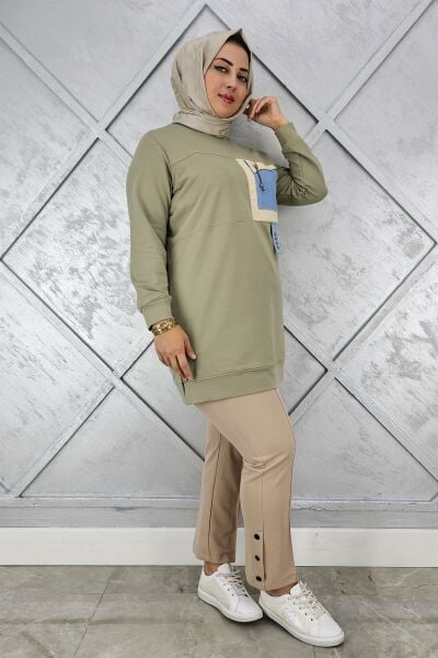 KADIN KOMBİNLİ SALLANTI AKSESUAR DETAYLI TESETTÜR TUNİK MİNT YEŞİLİ - 2 BEDEN
