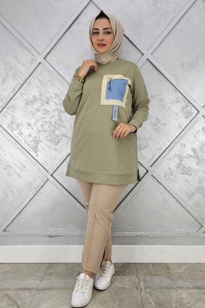 KADIN KOMBİNLİ SALLANTI AKSESUAR DETAYLI TESETTÜR TUNİK MİNT YEŞİLİ - 2 BEDEN