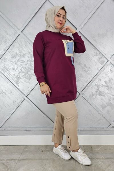 KADIN KOMBİNLİ SALLANTI AKSESUAR DETAYLI TESETTÜR TUNİK BORDO - 4 BEDEN