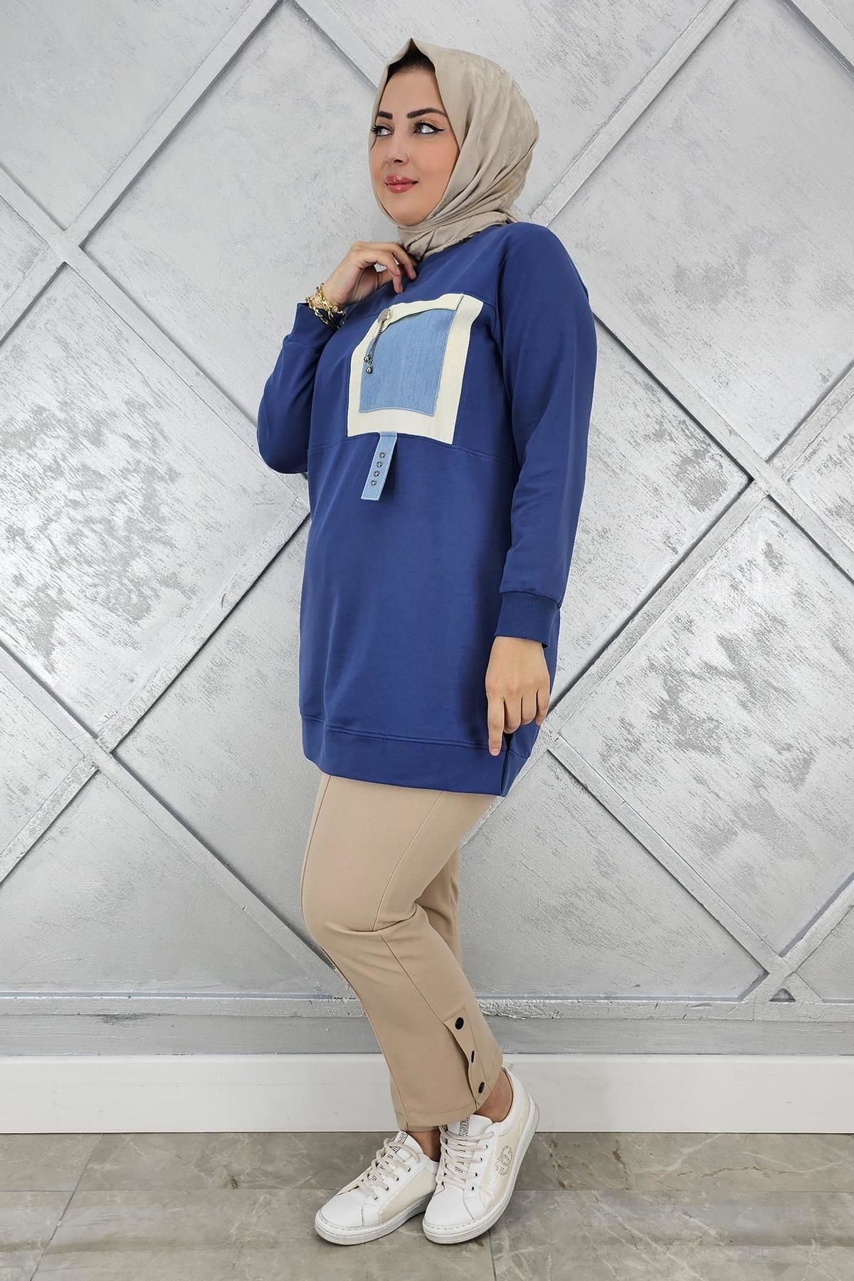 KADIN KOMBİNLİ SALLANTI AKSESUAR DETAYLI TESETTÜR TUNİK İNDİGO - 4 BEDEN
