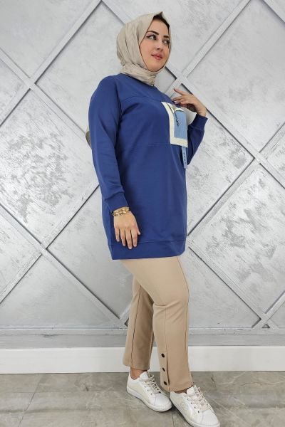 KADIN KOMBİNLİ SALLANTI AKSESUAR DETAYLI TESETTÜR TUNİK İNDİGO - 4 BEDEN