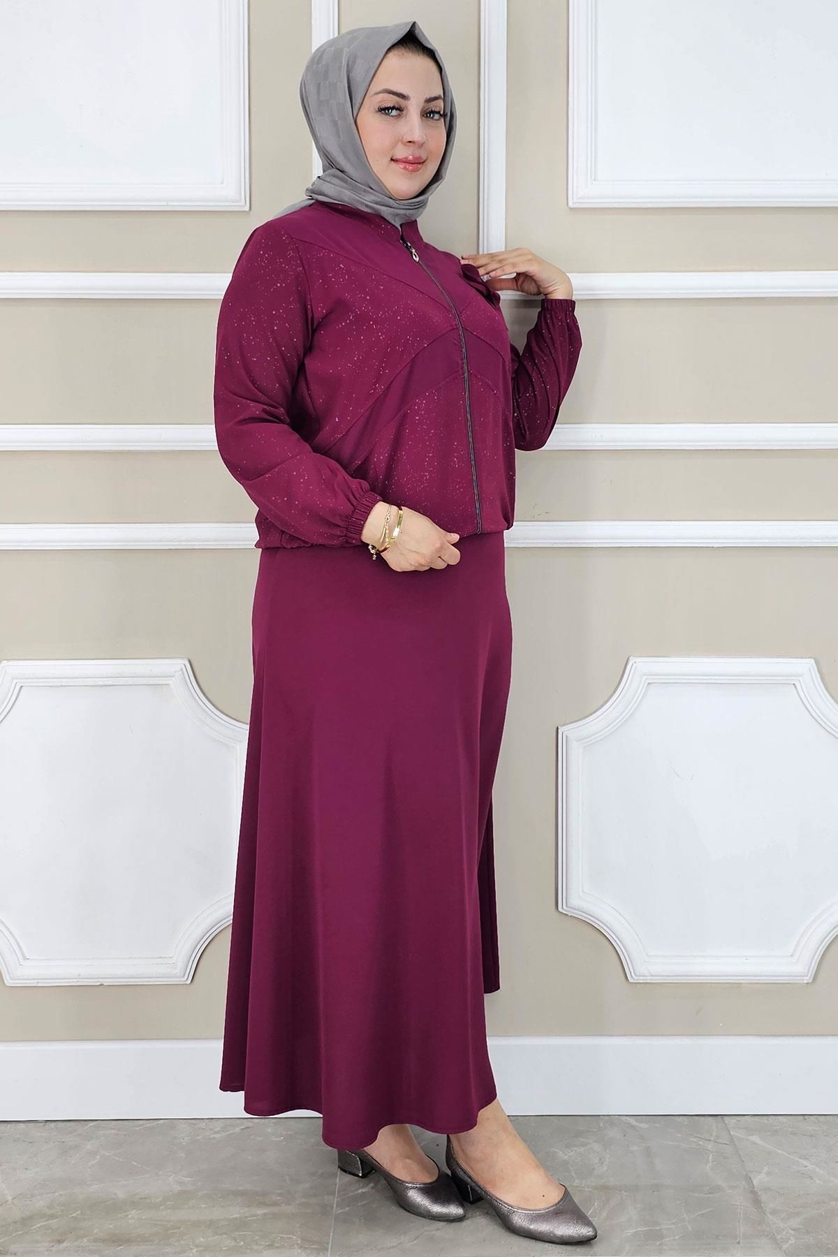 KADIN TAŞ DETAYLI SİMLİ TESETTÜR TAKIM BORDO - 2 BEDEN