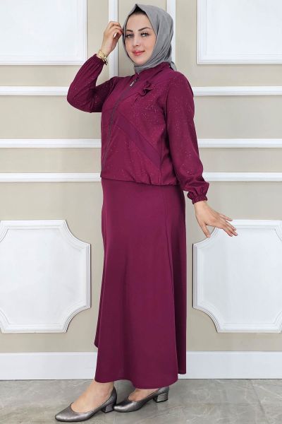 KADIN TAŞ DETAYLI SİMLİ TESETTÜR TAKIM BORDO - 2 BEDEN