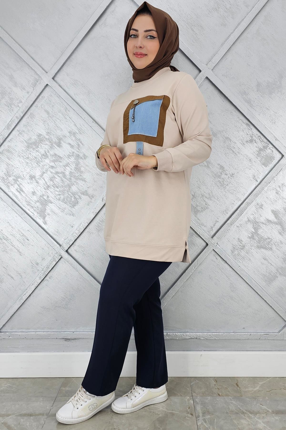 KADIN KOMBİNLİ SALLANTI AKSESUAR DETAYLI TESETTÜR TUNİK BEJ - 5 BEDEN