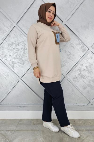 KADIN KOMBİNLİ SALLANTI AKSESUAR DETAYLI TESETTÜR TUNİK BEJ - 5 BEDEN