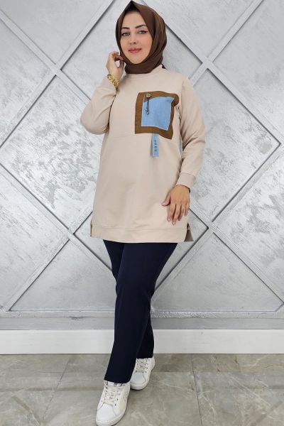 KADIN KOMBİNLİ SALLANTI AKSESUAR DETAYLI TESETTÜR TUNİK BEJ - 5 BEDEN