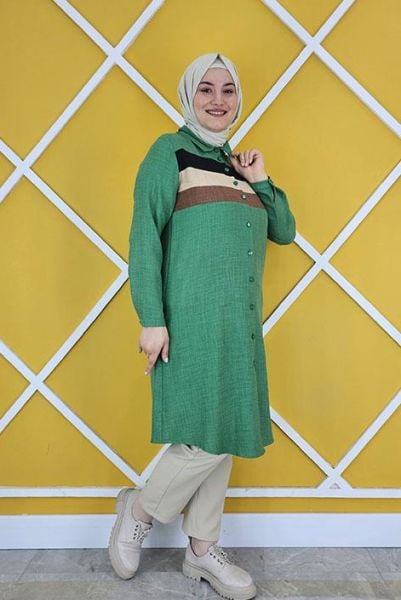 PYS KADIN PATCH RENK GEÇİŞLİ TESETTÜR GÖMLEK YEŞİL - 3 BEDEN