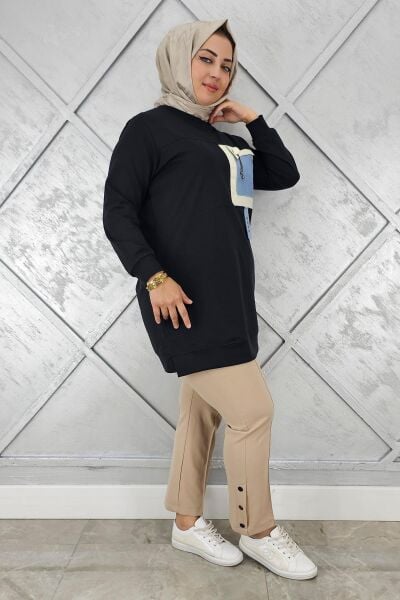 KADIN KOMBİNLİ SALLANTI AKSESUAR DETAYLI TESETTÜR TUNİK SİYAH - 5 BEDEN