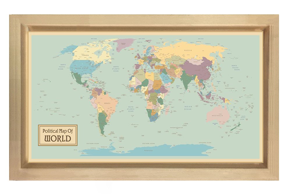 Dünya Siyasi Haritası Tablosu Naturel Ahşap Çerçeve - 50x90