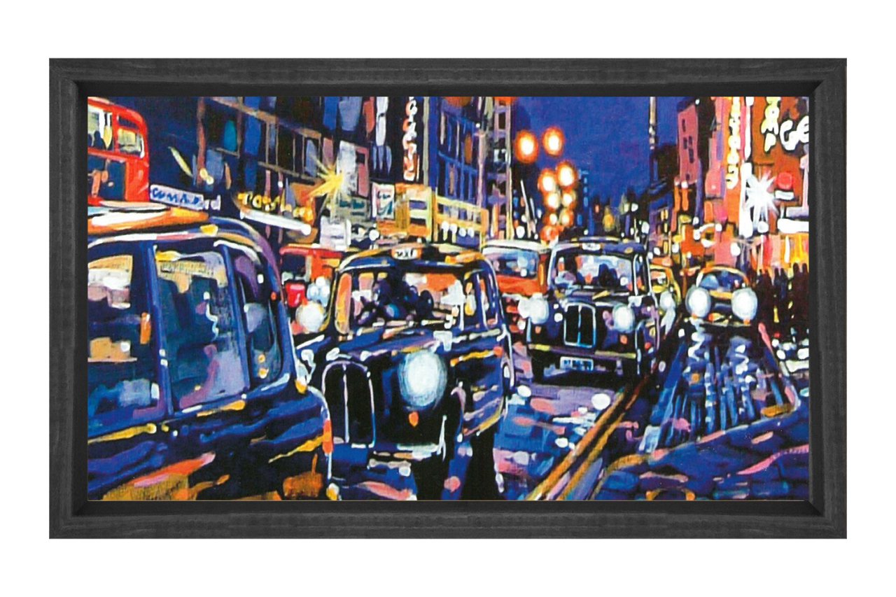 Vintage Şehir Taxiler Tablosu Siyah Ahşap - 45x30