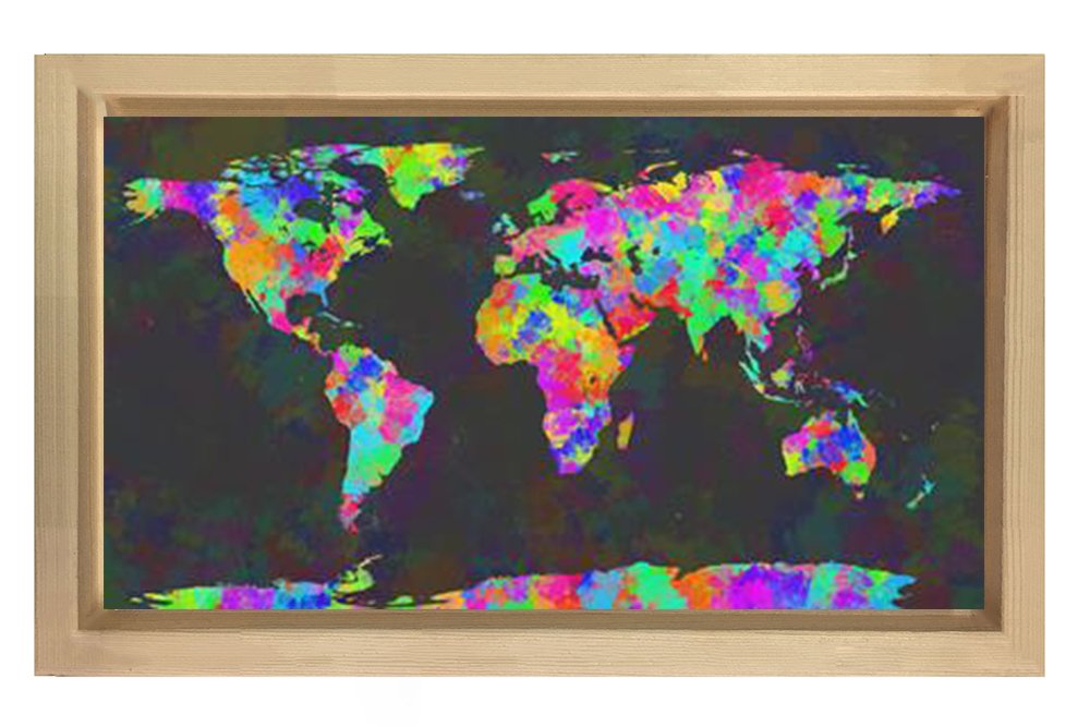 Renkli Dünya Haritası Tablosu Naturel Ahşap Çerçeve - 40x60