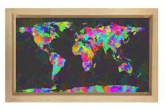 Renkli Dünya Haritası Tablosu Naturel Ahşap Çerçeve - 40x60