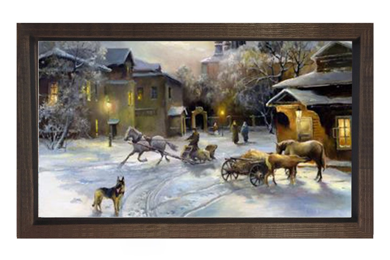 Vintage Karlı Şehir Manzarası Tablosu Kahverengi Ahşap - 50x70