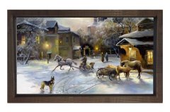 Vintage Karlı Şehir Manzarası Tablosu Kahverengi Ahşap - 70x100