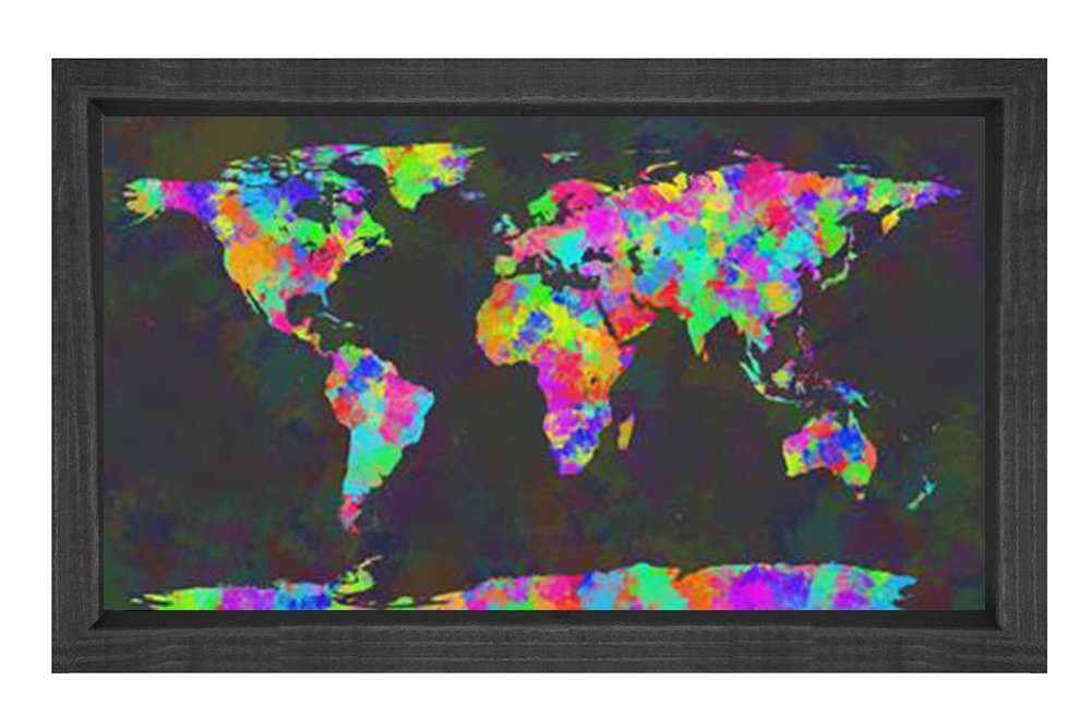 Renkli Dünya Haritası Tablosu Siyah Ahşap Çerçeve - 100x200