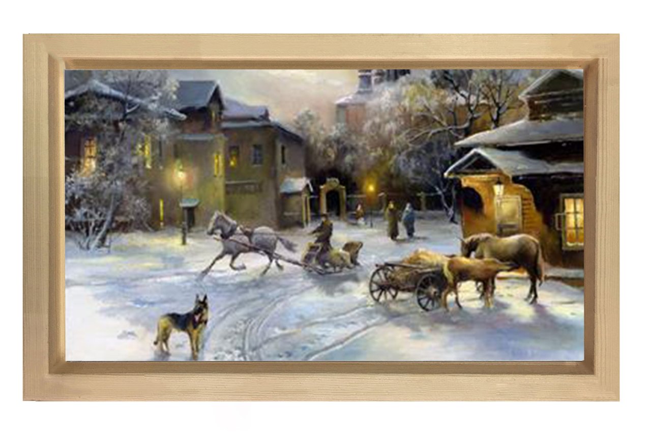 Vintage Karlı Şehir Manzarası Tablosu Naturel Ahşap - 100x150