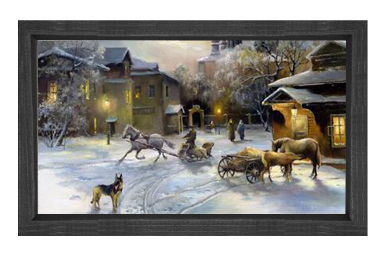 Vintage Karlı Şehir Manzarası Tablosu Siyah Ahşap - 40x60