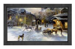 Vintage Karlı Şehir Manzarası Tablosu Siyah Ahşap - 50x70