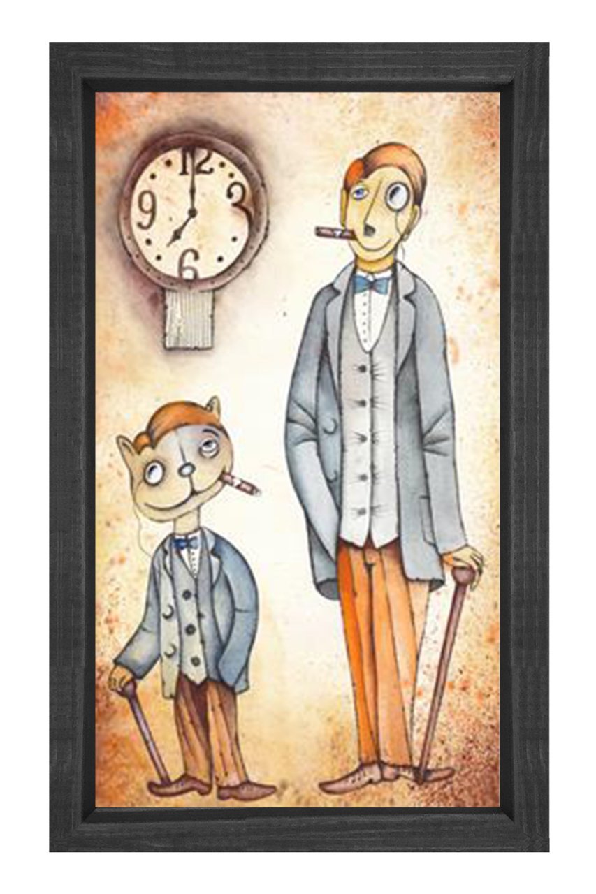 Kedi Ve Adam Tablosu Siyah Ahşap Çerçeve - 45x30