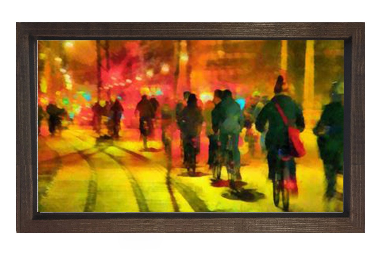 Şehir Sokakları İnsanlar Tablosu Kahverengi Ahşap Çerçeve - 40x60