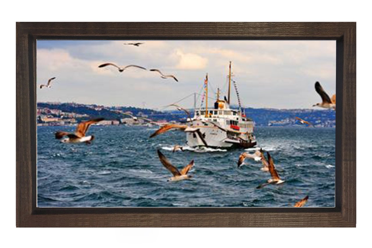 Yolcu Gemisi ve Martılar Tablosu Kahverengi Ahşap Çerçeve - 100x200