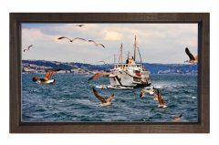 Yolcu Gemisi ve Martılar Tablosu Kahverengi Ahşap Çerçeve - 100x200