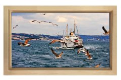 Yolcu Gemisi ve Martılar Tablosu Naturel Ahşap Çerçeve - 100x200