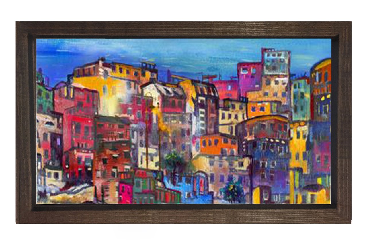 Renkli Şehir Tablosu Kahverengi Ahşap Çerçeve - 100x150