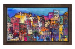 Renkli Şehir Tablosu Kahverengi Ahşap Çerçeve - 100x150