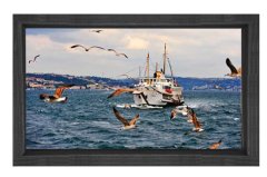 Yolcu Gemisi ve Martılar Tablosu Siyah Ahşap Çerçeve - 70x100