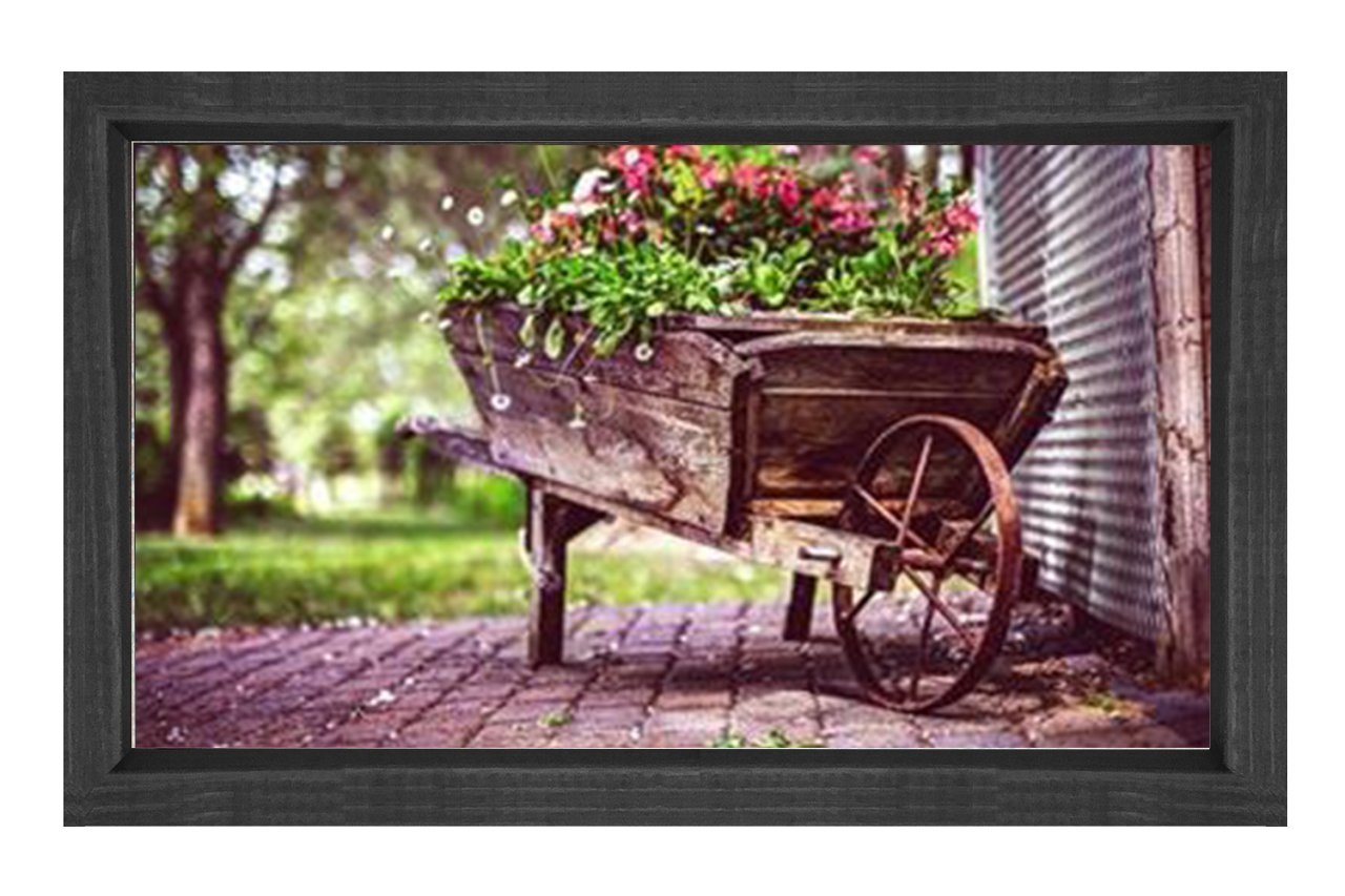 Çiçekler El Arabası Tablosu Siyah Ahşap - 70x100