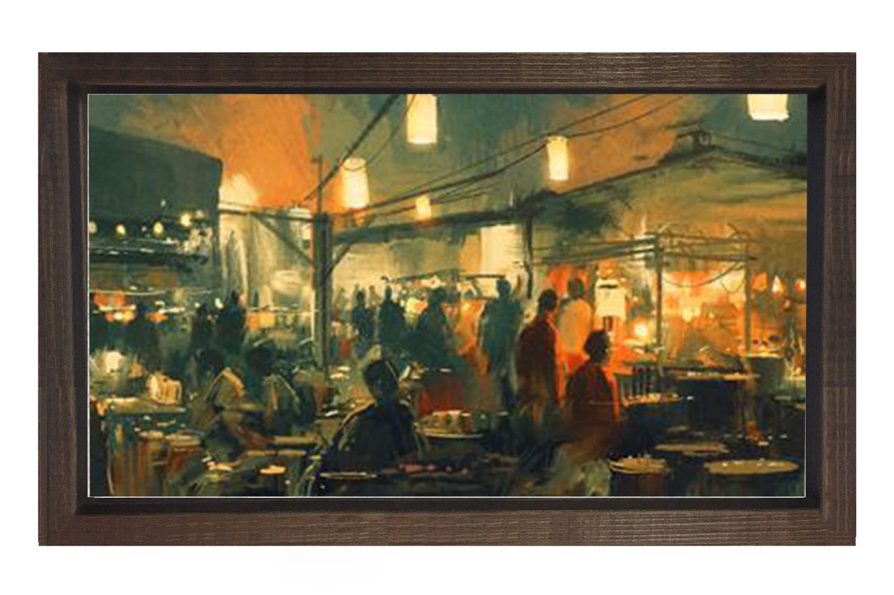 Gece Şehir Pazarı Tablosu Kahverengi Ahşap Çerçeve - 50x90