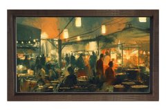 Gece Şehir Pazarı Tablosu Kahverengi Ahşap Çerçeve - 70x100