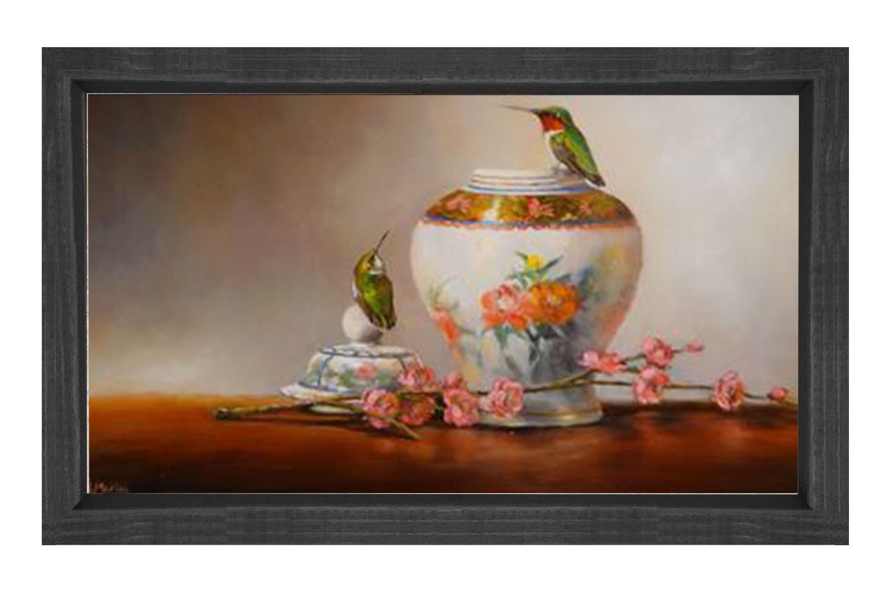 Çiçekler ve Vazo Tablosu Siyah Ahşap Çerçeve - 50x70