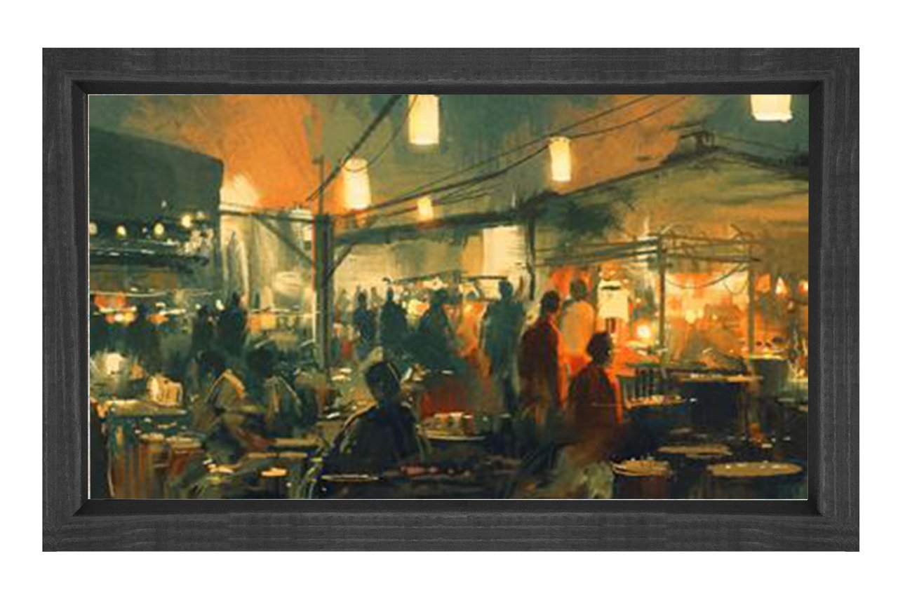 Gece Şehir Pazarı Tablosu Siyah Ahşap Çerçeve - 50x90