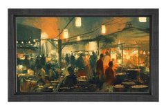 Gece Şehir Pazarı Tablosu Siyah Ahşap Çerçeve - 50x90