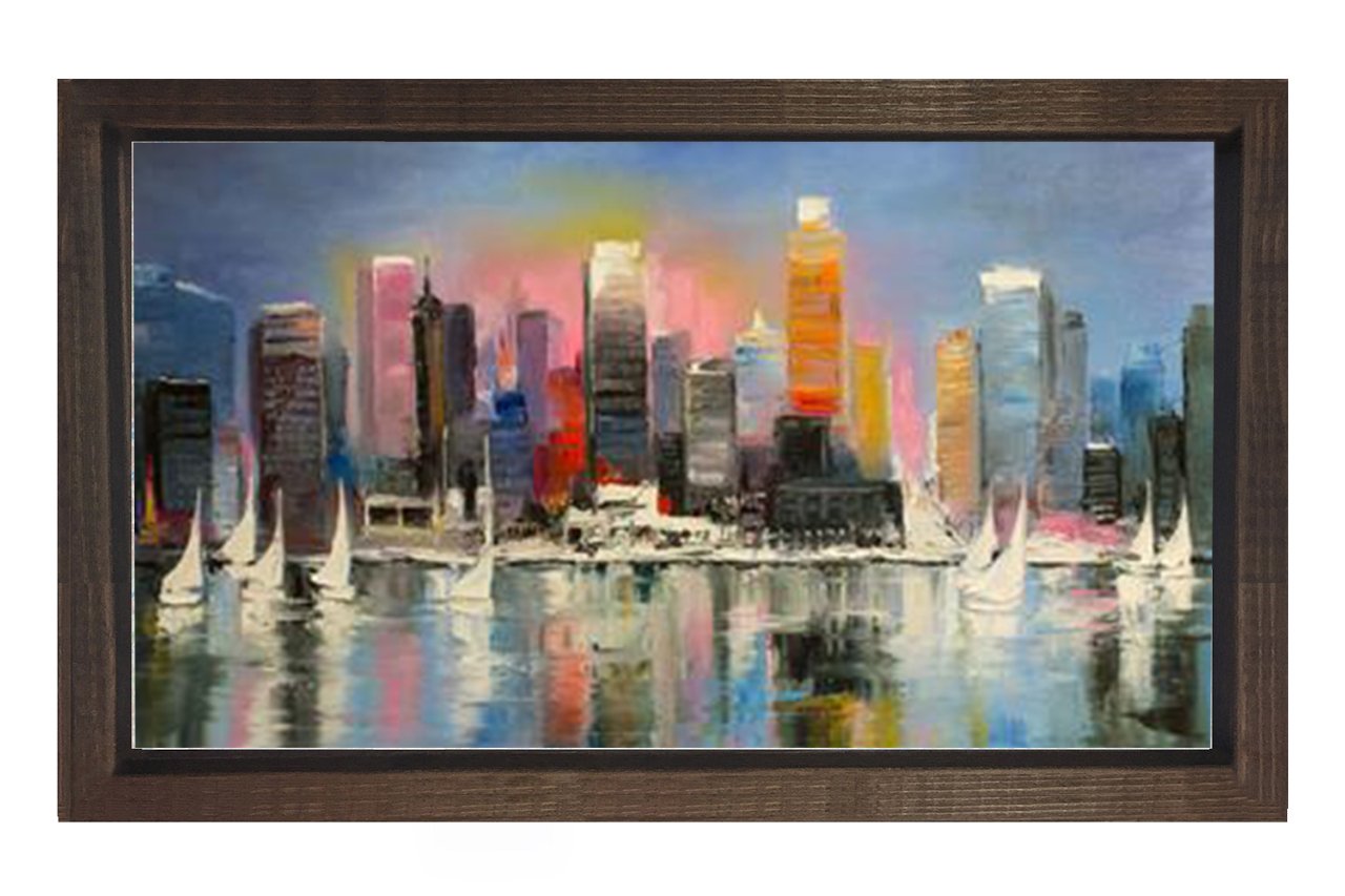 Metropol Şehir Yağlıboya Tablosu Kahverengi Ahşap Çerçeve - 50x90