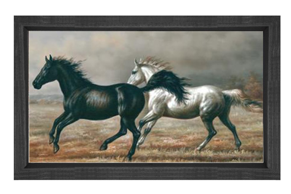 Siyah ve Beyaz At Tablosu Siyah Ahşap Çerçeve - 50x90